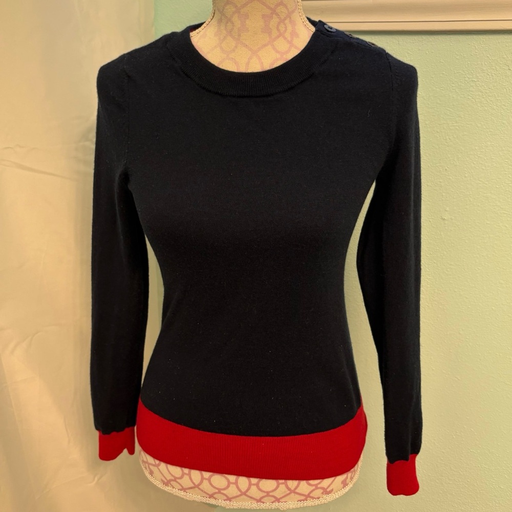 Banana Republic Merino Wool Navy Blue Sweater with Red Trim Button Neck Sz XS
